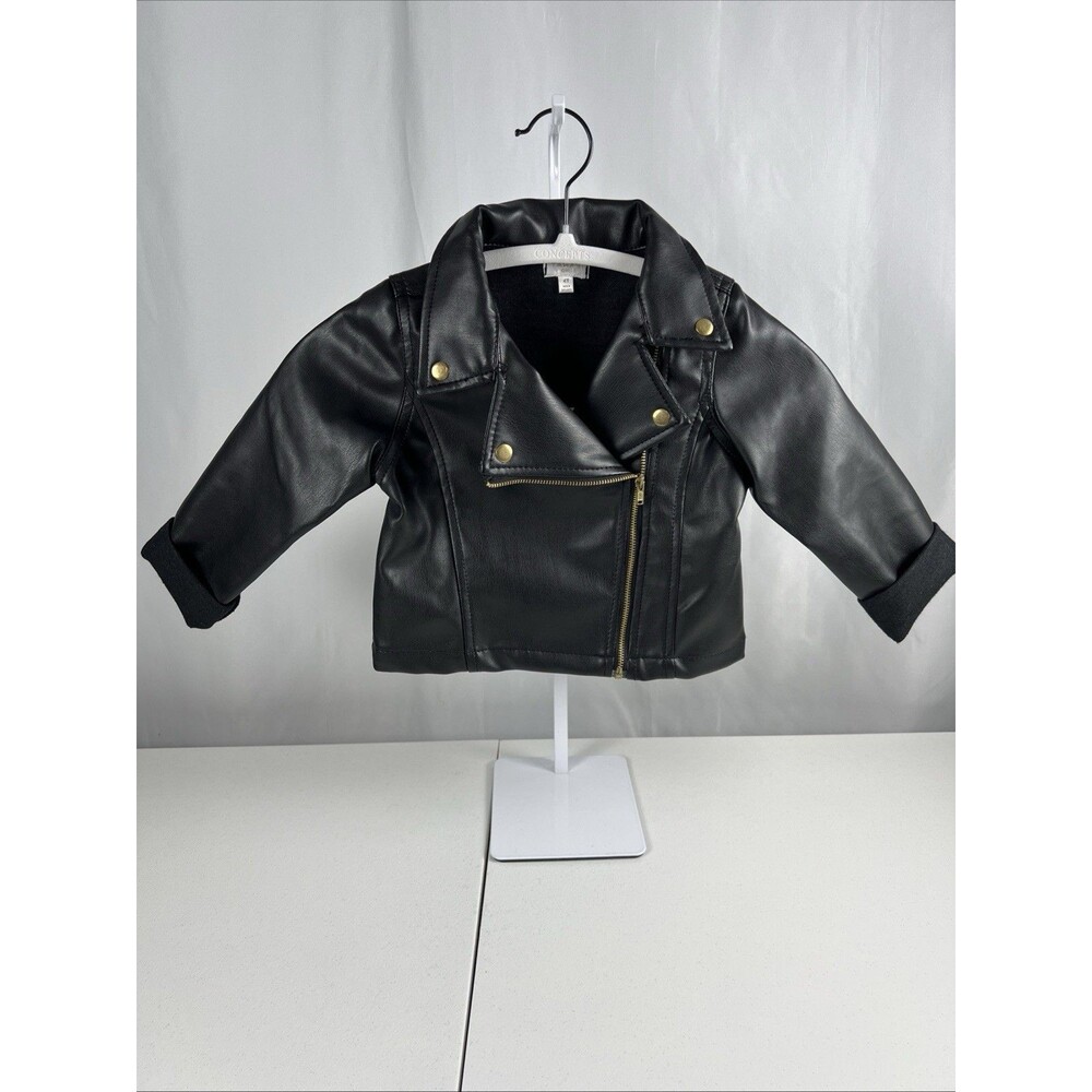 Tahari Girl Black Faux Leather Jacket Size 4T Full Zip Long Sleeve Moto Biker